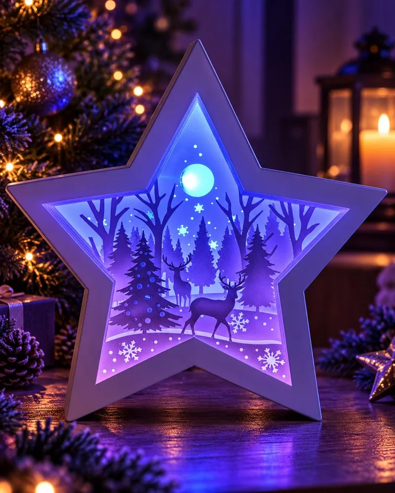 L’Étoile d’Hiver – Lampe de Noël en relief, scène forêt et cerfs, éclairage LED avec télécommande