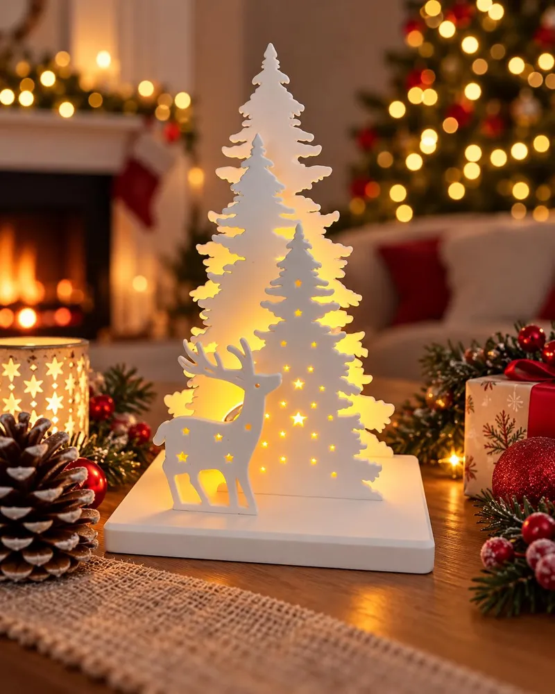 Décoration de Noël lumineuse – Sapins et renne – Centre de table de Noël – Déco de Noël LED – Décoration hiver – Cadeau de Noël