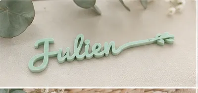 Marque-place « Julien » sans date, en vert menthe, avec un motif de feuillage en bout.