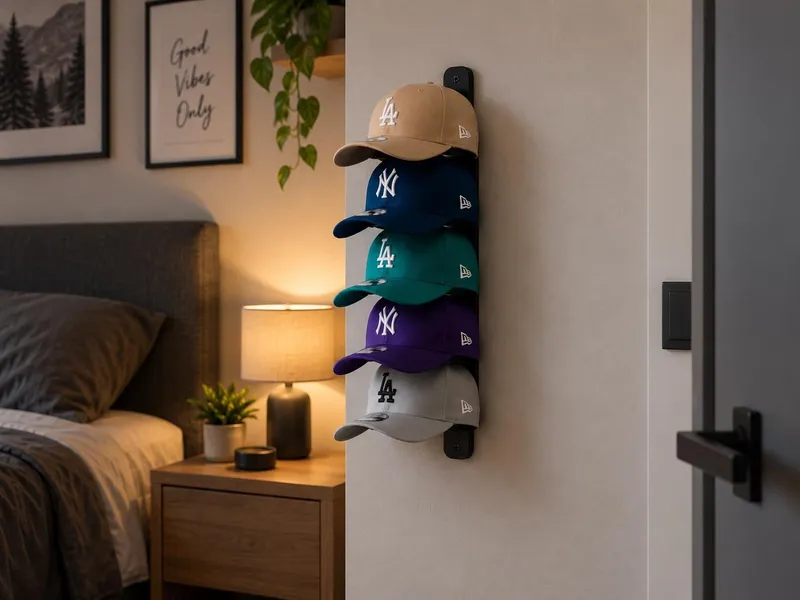 Porte-Casquettes Mural 5 Places, Rangement Casquette Sans Perçage, Support Mural Casquettes Collection, Idée Cadeau Homme, Déco Chambre