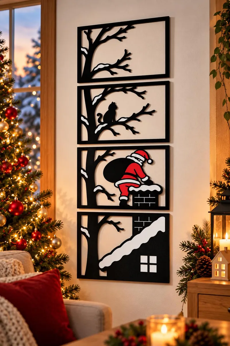 Décoration Murale de Noël en 4 Panneaux – Scène Hivernale avec Père Noël et Chat – Déco de Noël Originale