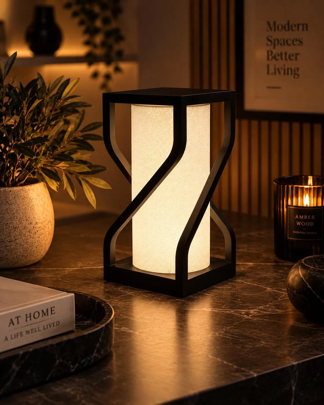 NÉORA – Lampe Sculpturale Moderne | Lampe Déco Design Noir | Lumière d’Ambiance Chaleureuse | Lampe de Chevet Contemporaine